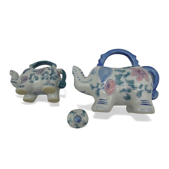 ELEPHANT TEAPOT Set Floral Ceramic Blue and White Vintage - Picture 5 of 12